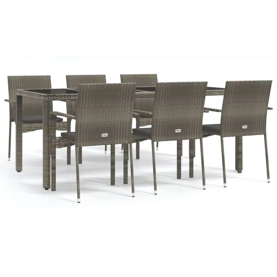Ensemble à manger jardin et coussins 7 pcs gris rotin - 2