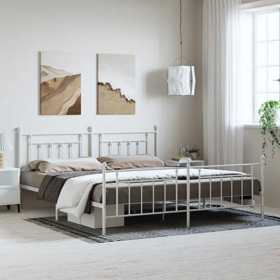 Cadre de lit métal sans matelas et pied de lit blanc 193x203 cm