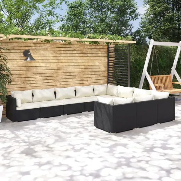 Salon de jardin 10 pcs avec coussins Résine tressée Noir