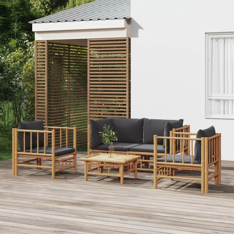 Salon de jardin 5 pcs avec coussins gris foncé bambou