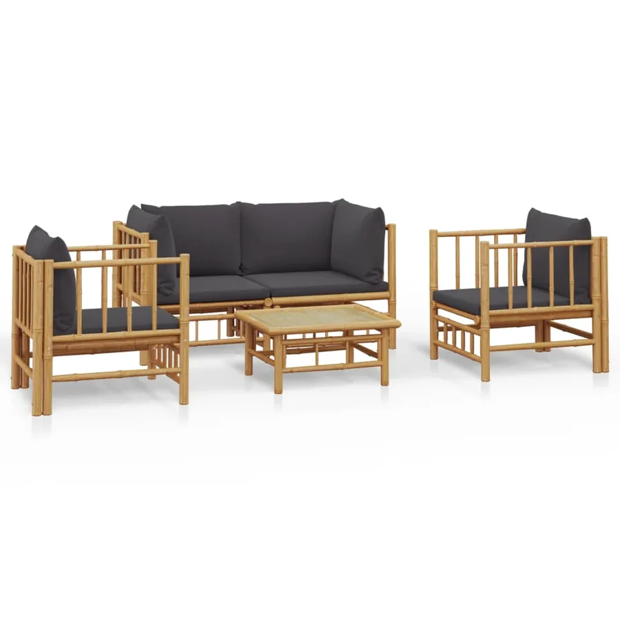Salon de jardin 5 pcs avec coussins gris foncé bambou - 2