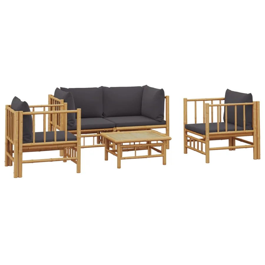Salon de jardin 5 pcs avec coussins gris foncé bambou - 3