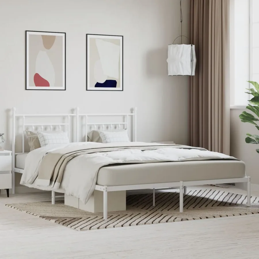 Cadre de lit métal sans matelas et tête de lit blanc 160x200 cm