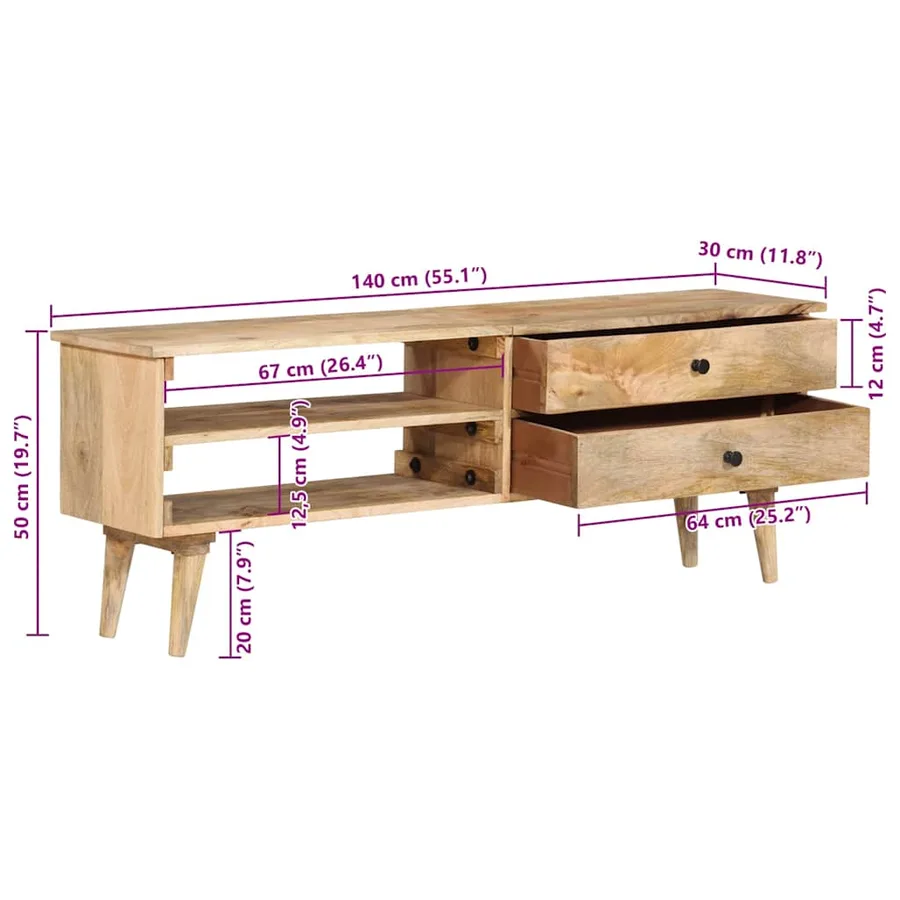 Meuble TV 140x30x50 cm Bois de manguier massif - 14