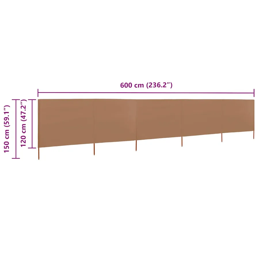 Paravent 5 panneaux Tissu 600 x 120 cm Taupe - 6