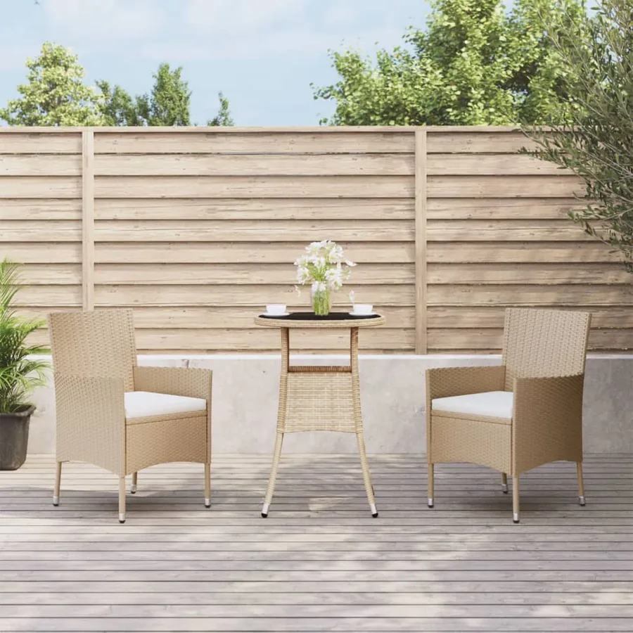 Ensemble de bistro de jardin 3 pcs coussins beige poly rotin