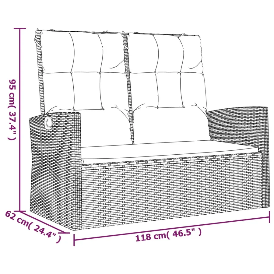 Banc de jardin inclinable et coussins noir 118cm résine tressée - 8