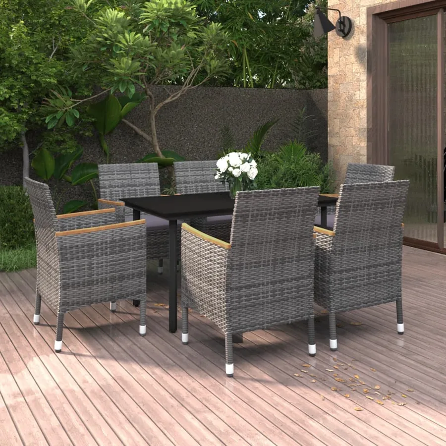 Ensemble à manger de jardin coussins 7 pcs Résine tressée Verre