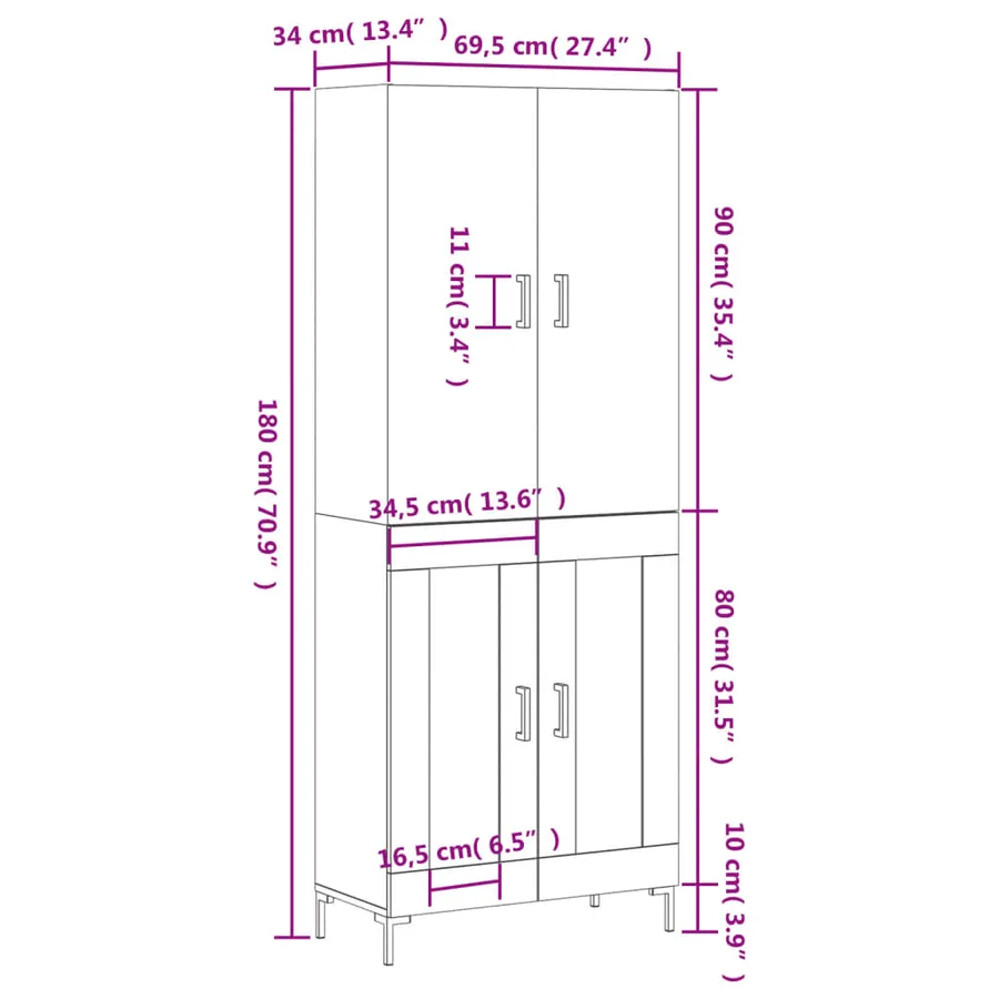 Buffet haut Gris béton 69,5x34x180 cm Bois d'ingénierie - 13