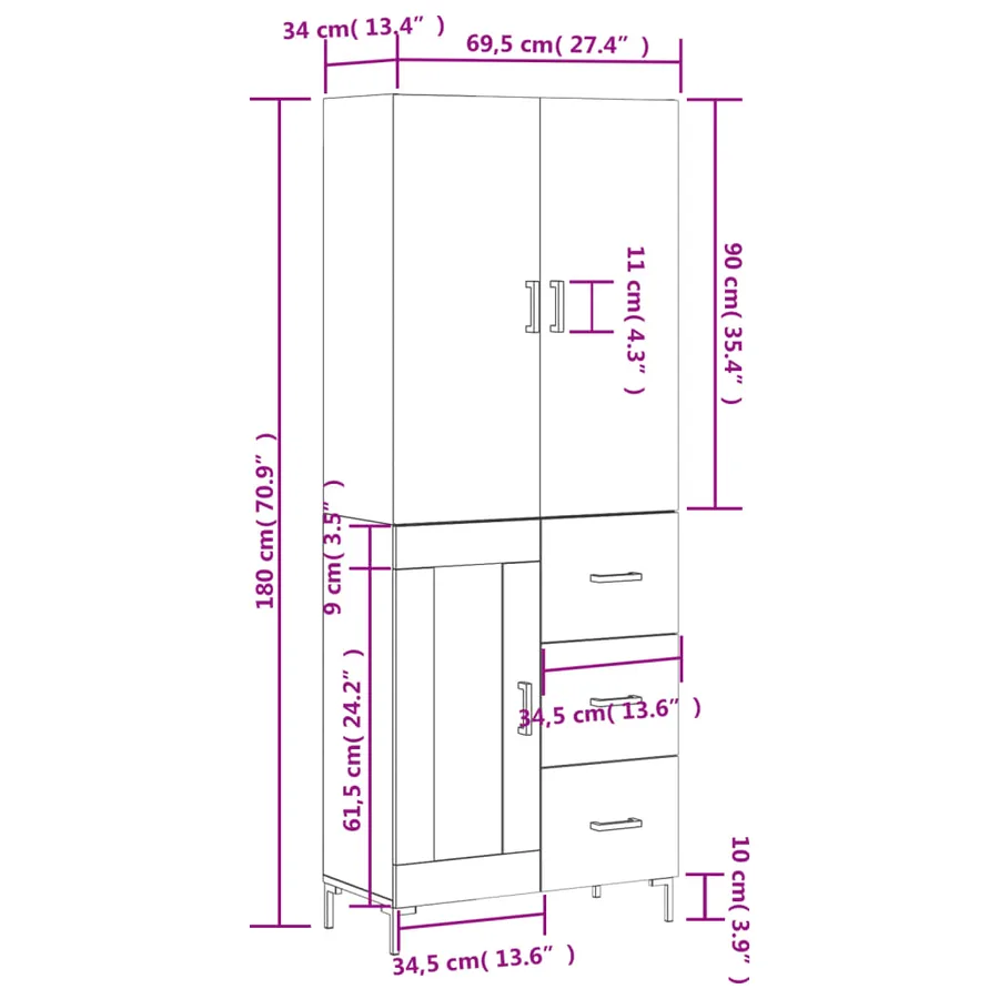 Buffet haut Blanc 69,5x34x180 cm Bois d'ingénierie - 14
