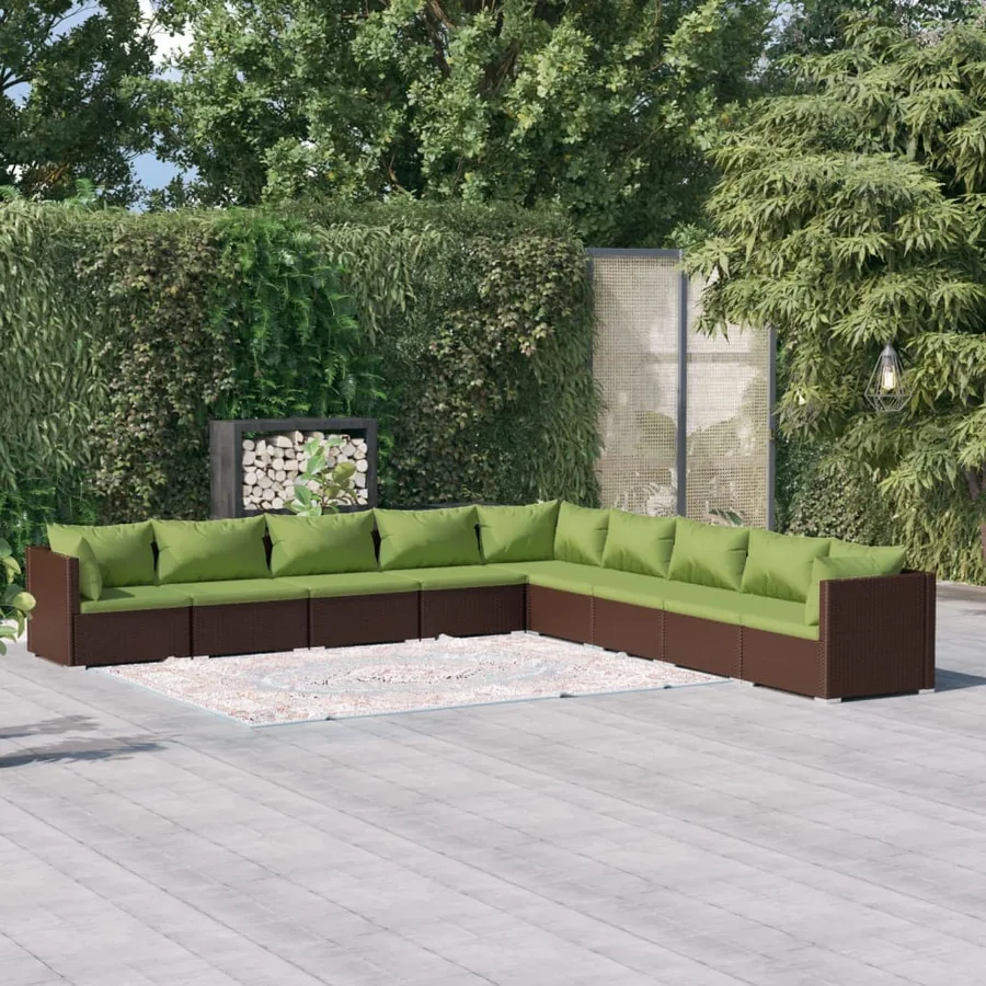 Salon de jardin 9 pcs avec coussins résine tressée marron