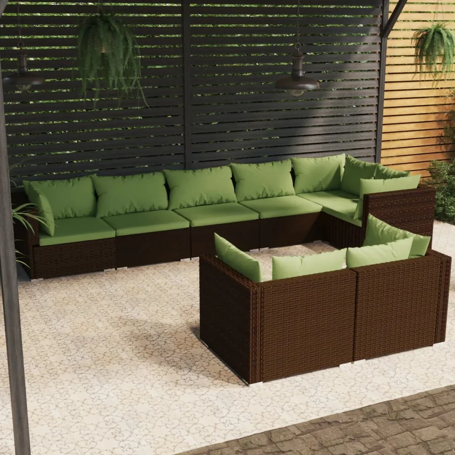 Salon de jardin avec coussins 8 pcs marron résine tressée
