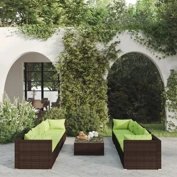Salon de jardin 9 pcs avec coussins résine tressée marron