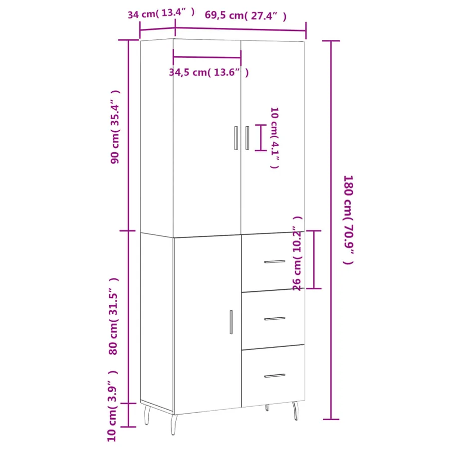 Buffet haut Blanc 69,5x34x180 cm Bois d'ingénierie - 14