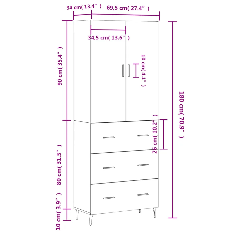 Buffet haut Blanc 69,5x34x180 cm Bois d'ingénierie - 14