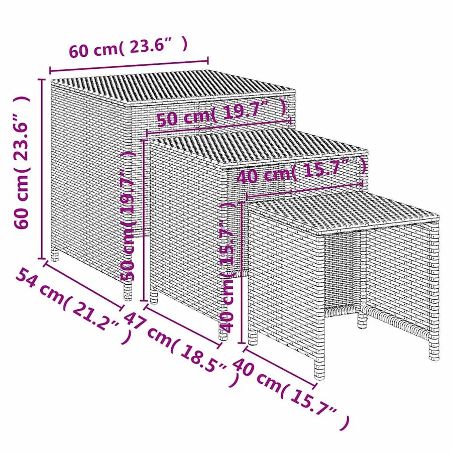Tables gigognes 3 pcs noir résine tressée - 7