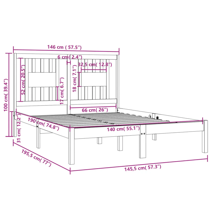 Cadre de lit sans matelas blanc bois massif 140x190 cm - 6