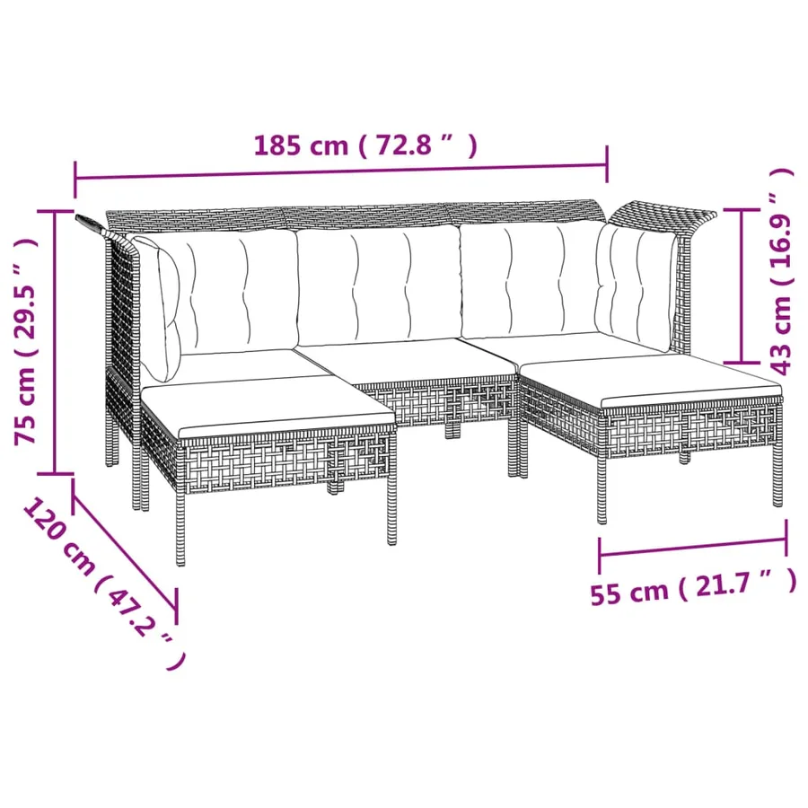Salon de jardin 5 pcs avec coussins Gris Résine tressée - 8