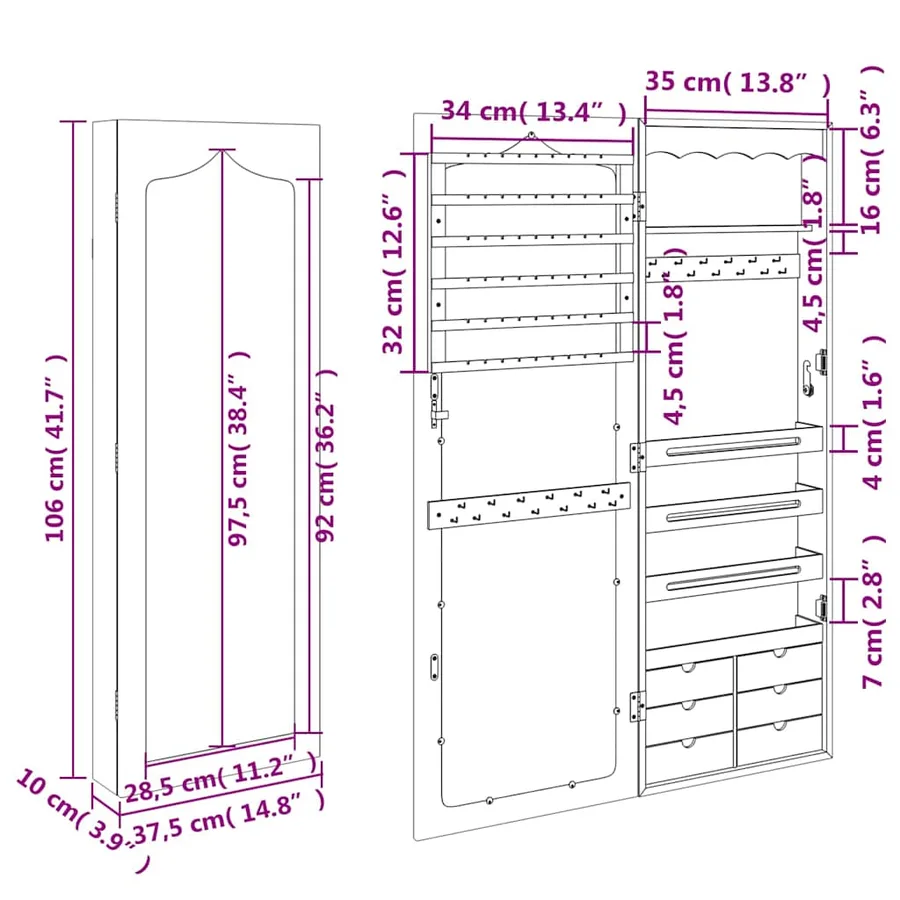 Armoire à bijoux avec miroir murale blanc 37,5x10x106 cm - 11