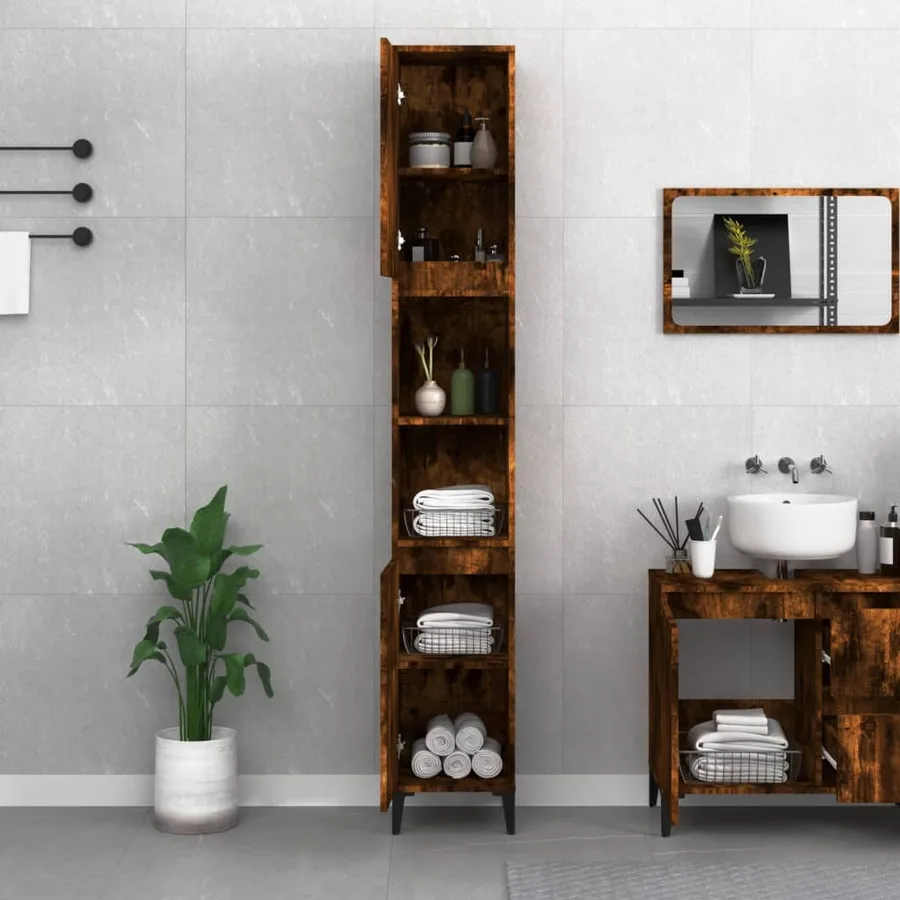 Armoire de bain chêne fumé 30x30x190 cm bois d'ingénierie - 3
