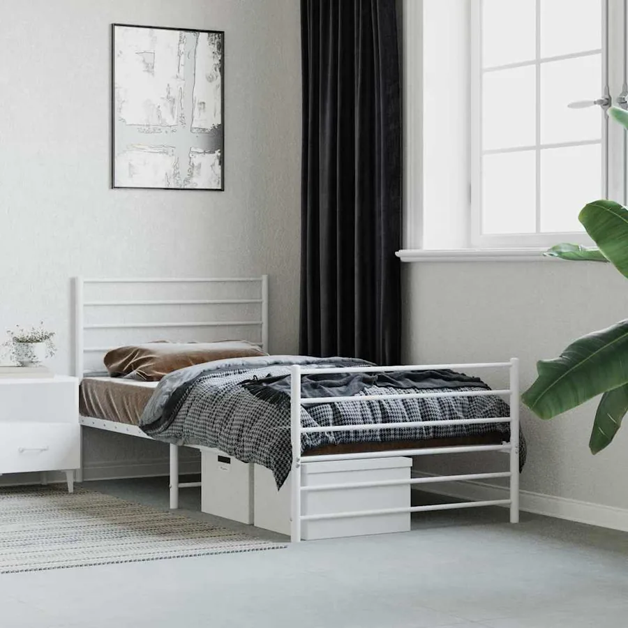 Cadre de lit métal sans matelas avec pied de lit blanc 90x190cm