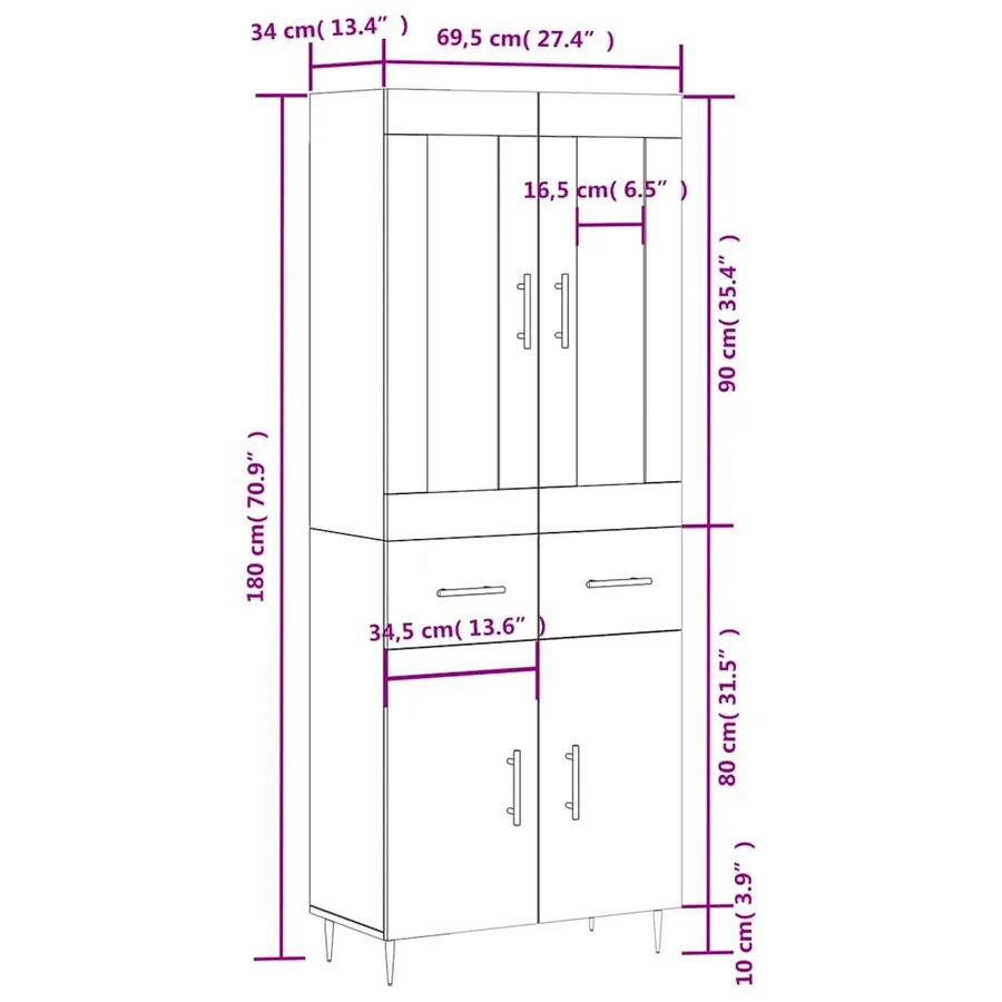 Buffet haut Blanc 69,5x34x180 cm Bois d'ingénierie - 14