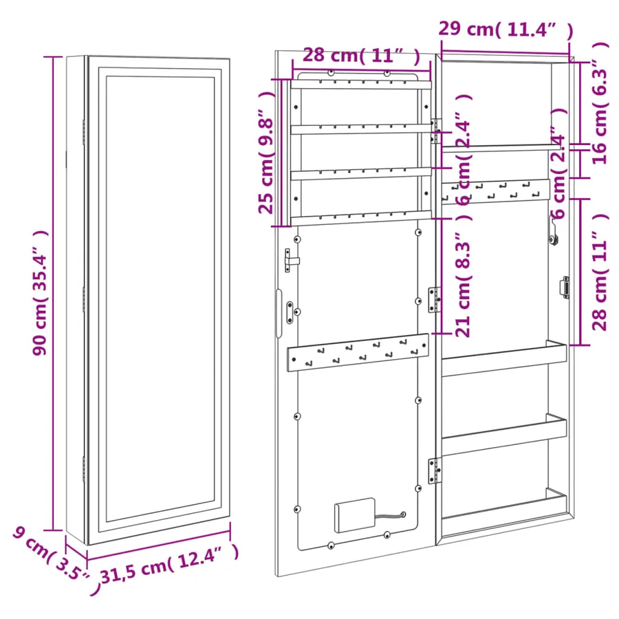 Armoire à bijoux avec miroir et éclairage LED mural noir - 12