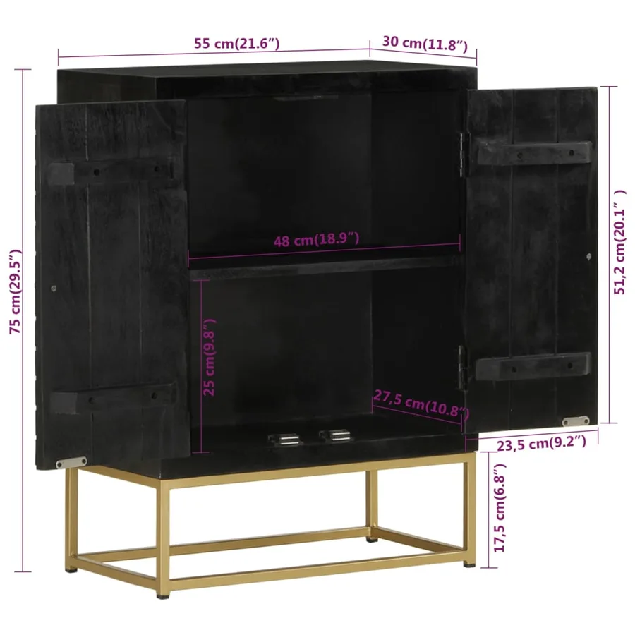 Buffet avec 2 portes noir et doré 55x30x75 cm manguier - 8