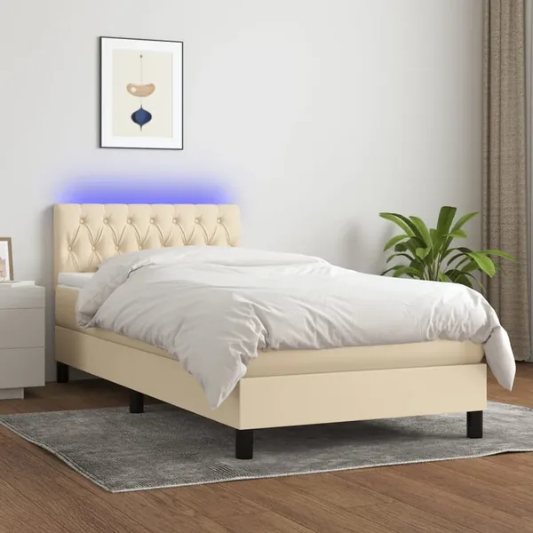 Sommier à lattes de lit avec matelas LED Crème 100x200 cm Tissu