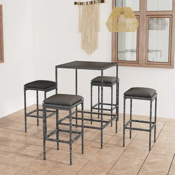 Ensemble de bar de jardin 5 pcs et coussins Résine tressée Gris