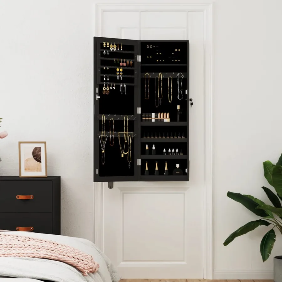 Armoire à bijoux avec miroir murale noir 37,5x10x106 cm - 3