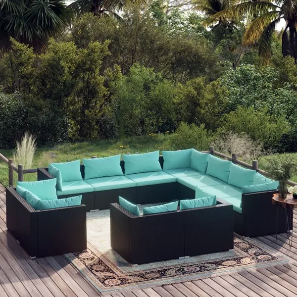 Salon de jardin 11 pcs avec coussins Noir Résine tressée