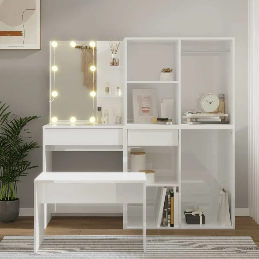 Ensemble de coiffeuse avec LED Blanc brillant Bois d'ingénierie