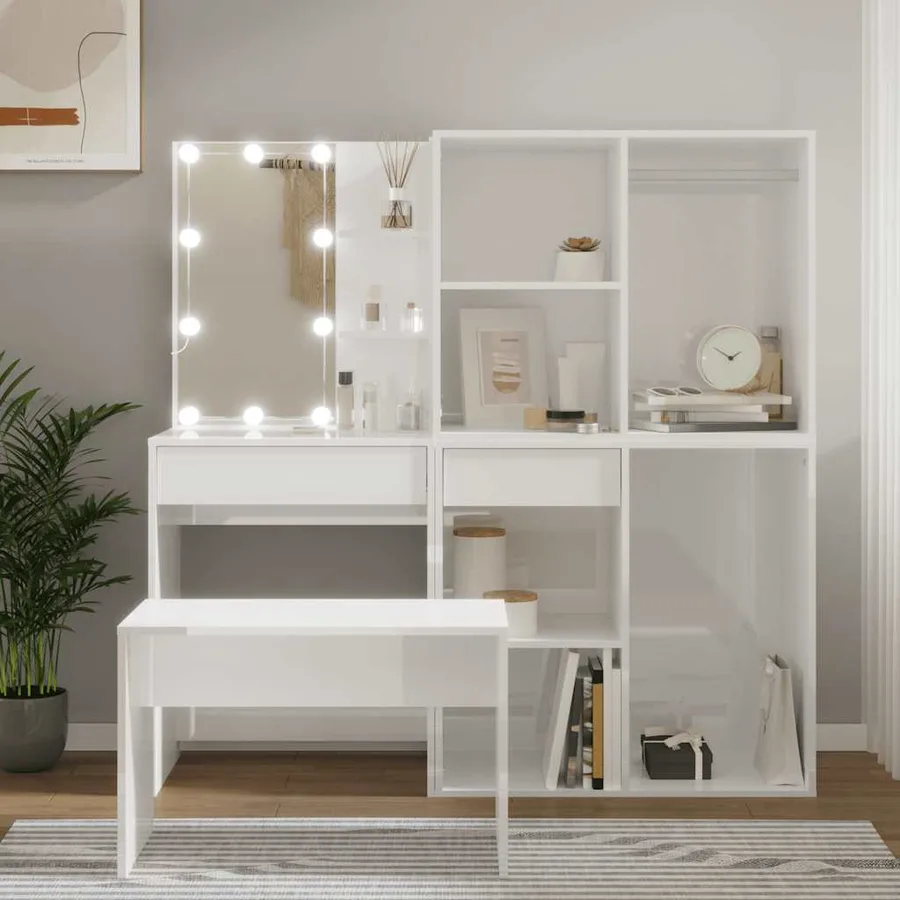 Ensemble de coiffeuse avec LED Blanc brillant Bois d'ingénierie - 3
