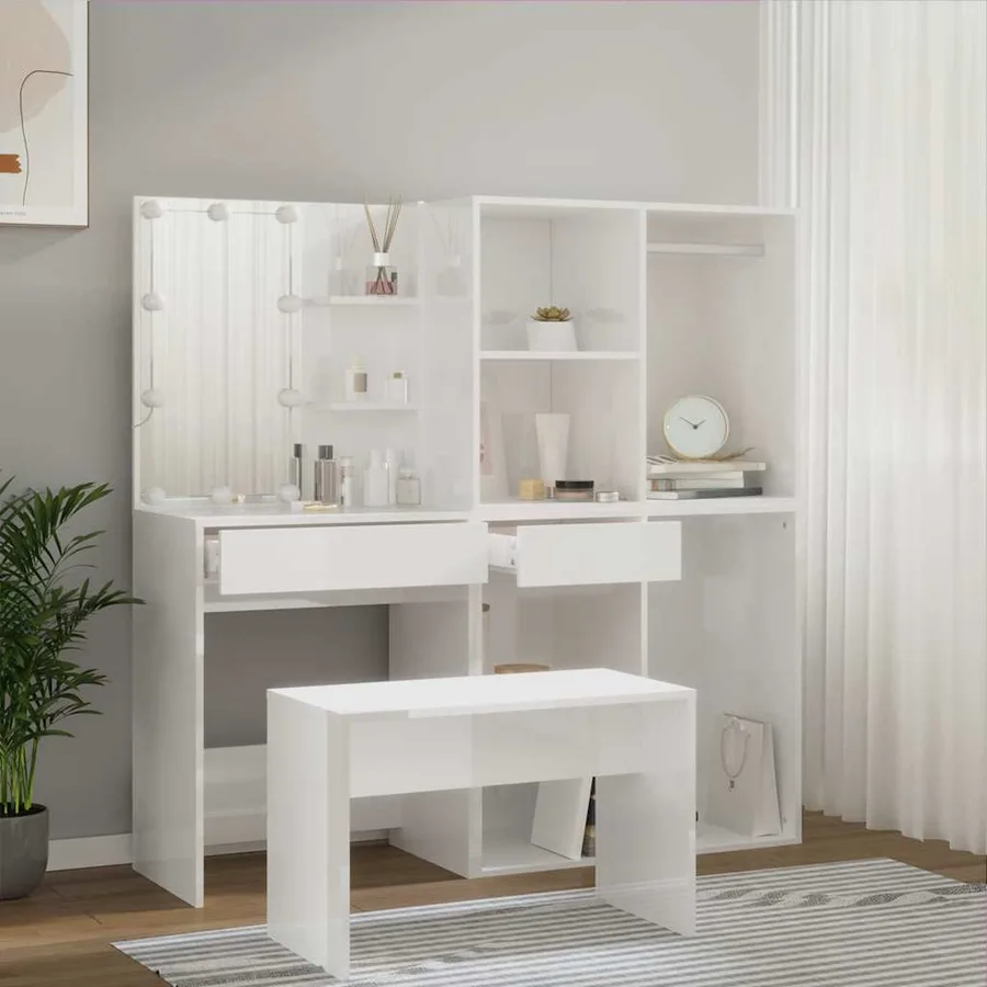 Ensemble de coiffeuse avec LED Blanc brillant Bois d'ingénierie - 4