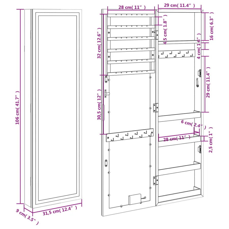 Armoire à bijoux avec miroir et éclairage LED mural blanc - 12