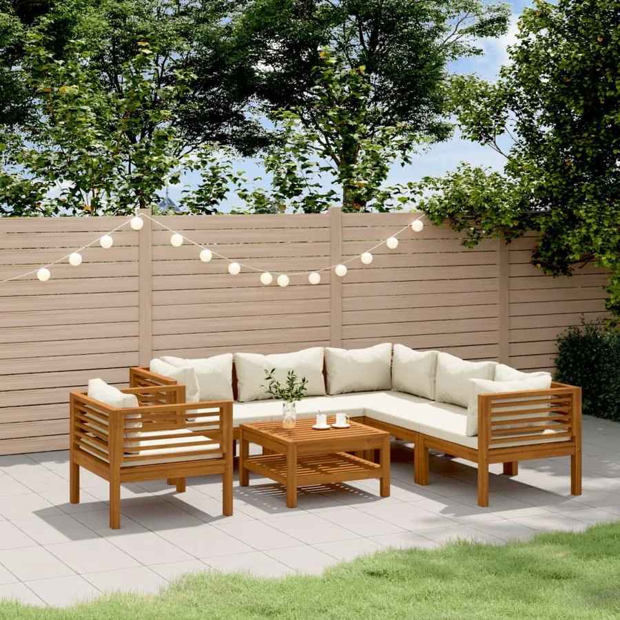Salon de jardin 7 pcs avec coussin crème Bois d'acacia solide