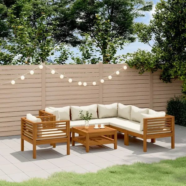 Salon de jardin 7 pcs avec coussin crème Bois d'acacia solide
