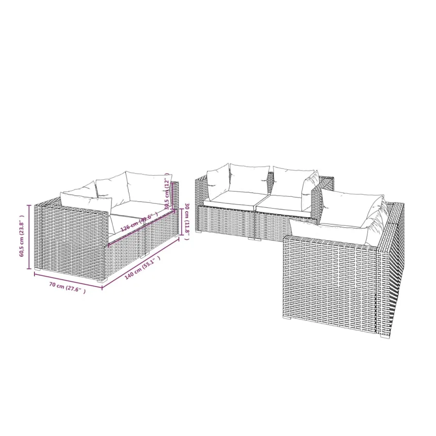 Salon de jardin 6 pcs avec coussins Résine tressée Marron - 5