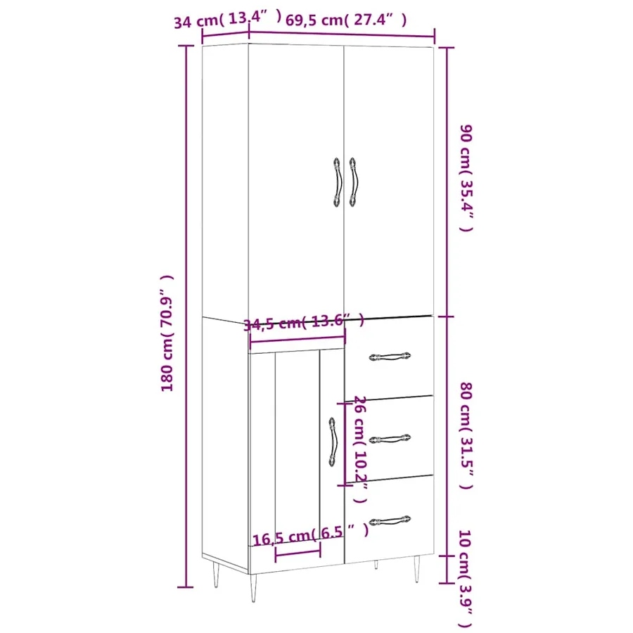 Buffet haut Blanc 69,5x34x180 cm Bois d'ingénierie - 14