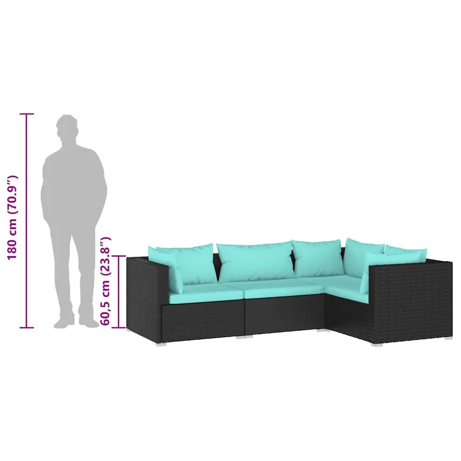 Salon de jardin 4 pcs avec coussins Résine tressée Noir - 8