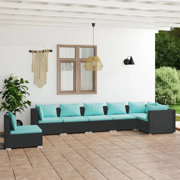 Salon de jardin 7 pcs avec coussins Résine tressée Noir