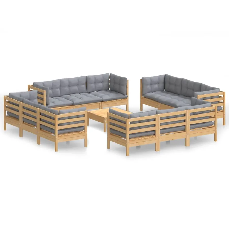 Salon de jardin 13 pcs avec coussins gris bois de pin - 2