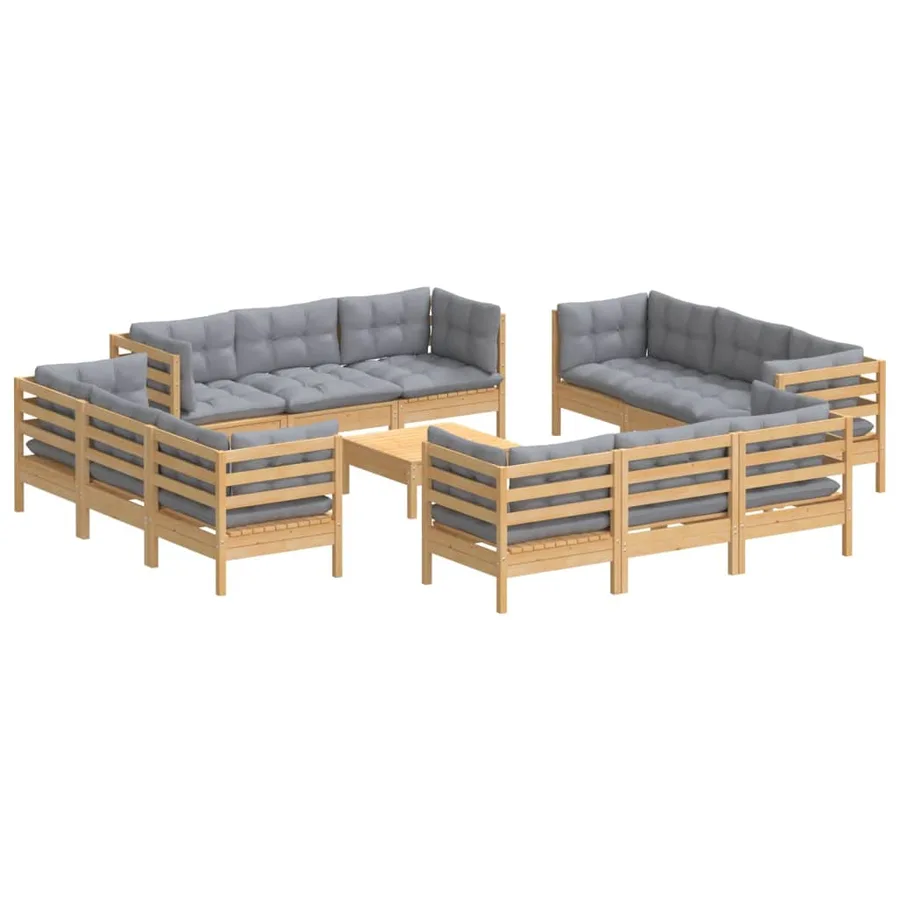 Salon de jardin 13 pcs avec coussins gris bois de pin - 3