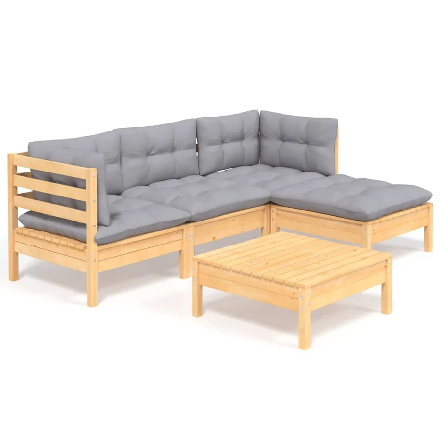 Salon de jardin 5 pcs avec coussins gris bois de pin - 2