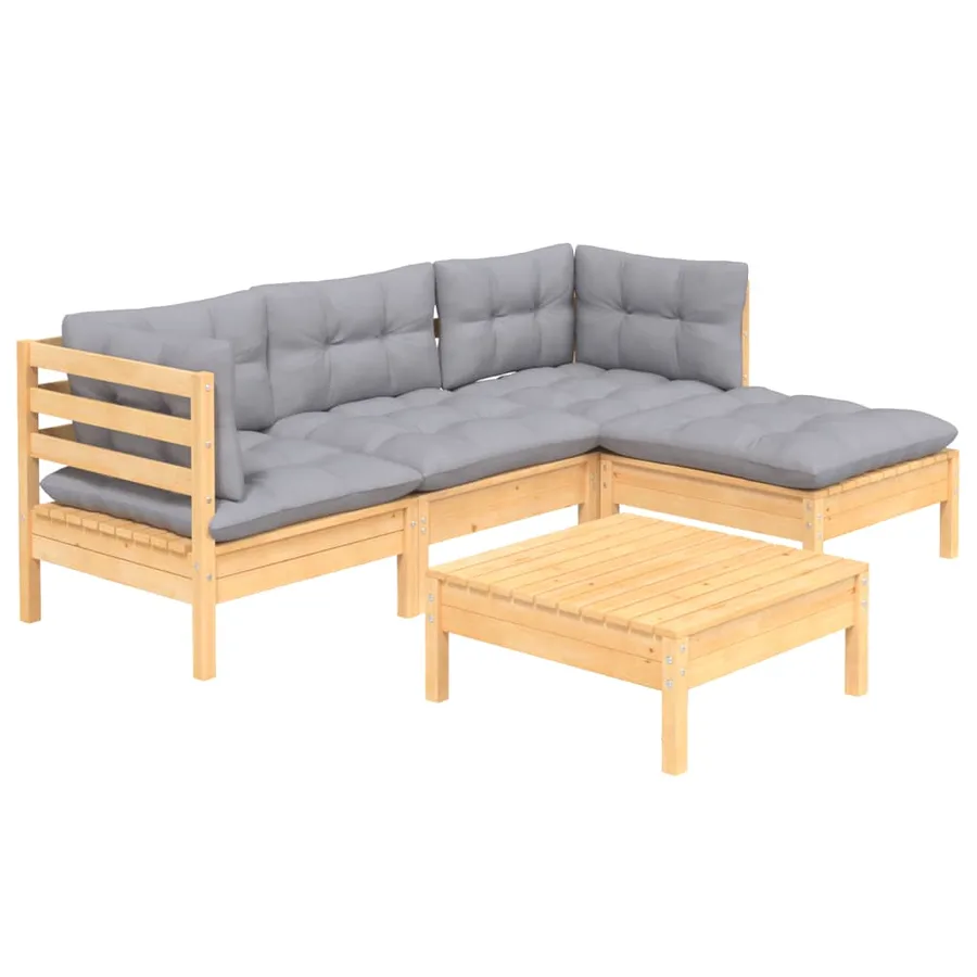 Salon de jardin 5 pcs avec coussins gris bois de pin - 3