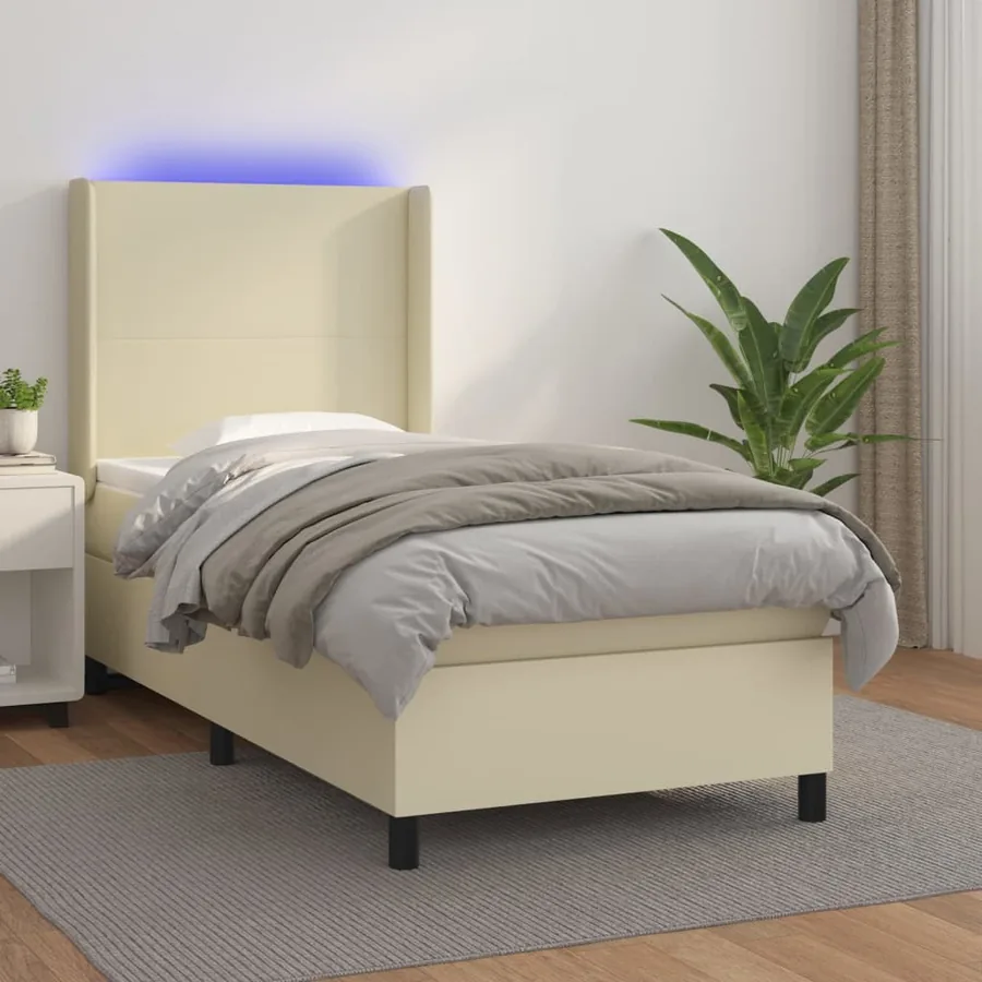 Sommier à lattes de lit matelas LED Crème 90x200cm Similicuir