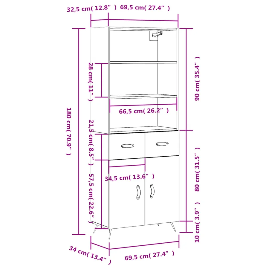 Buffet haut Blanc 69,5x34x180 cm Bois d'ingénierie - 14