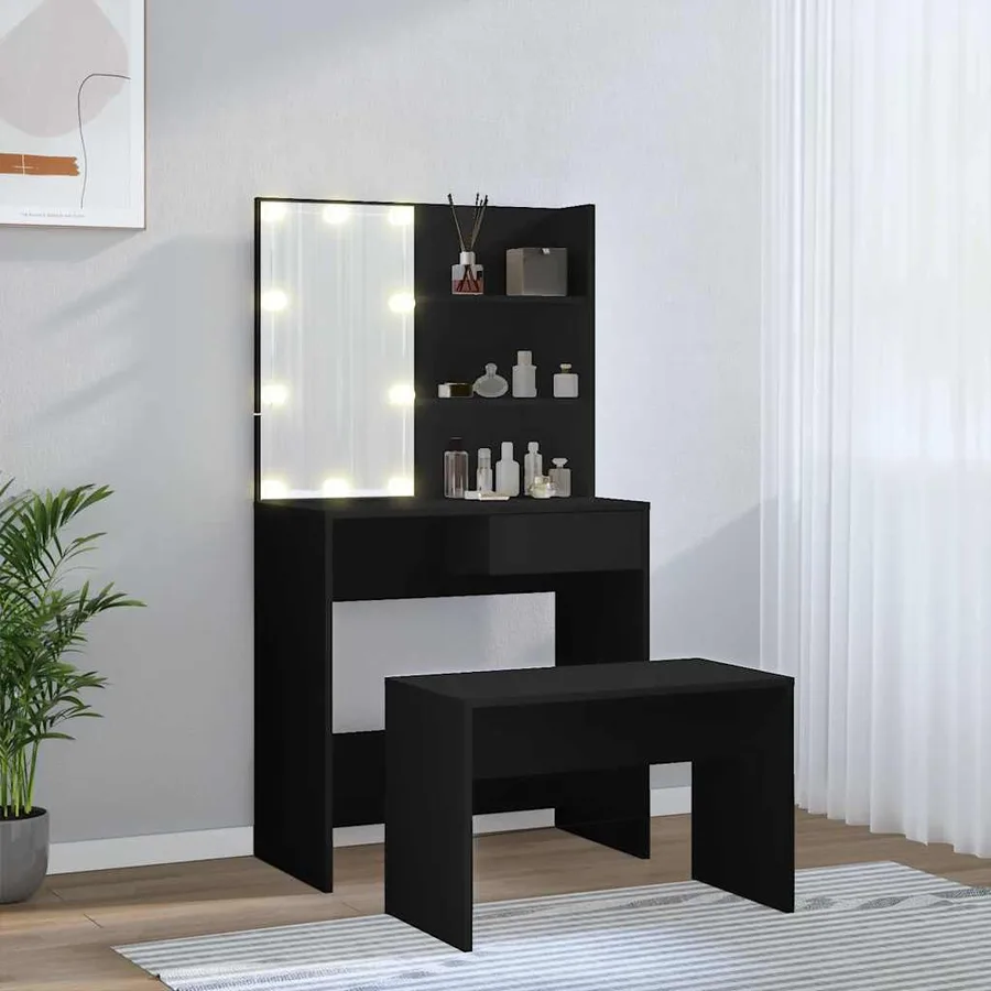 Ensemble de coiffeuse avec LED Noir Bois d'ingénierie - 3