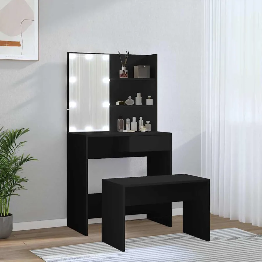 Ensemble de coiffeuse avec LED Noir Bois d'ingénierie - 4